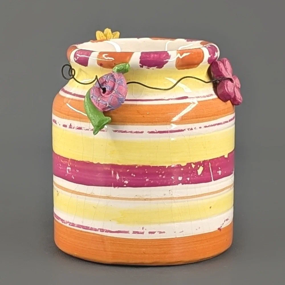 Hand Painted Ceramic Striped Flower Snail Jar Whimsical Boho Decor 4 Inch